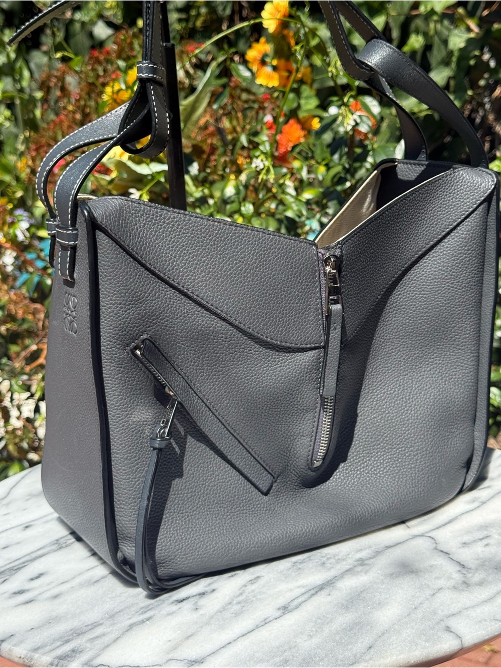Loewe ‘Hammock’ Calfskin Pebbled Leather Shoulder Bag in Asphalt Gray